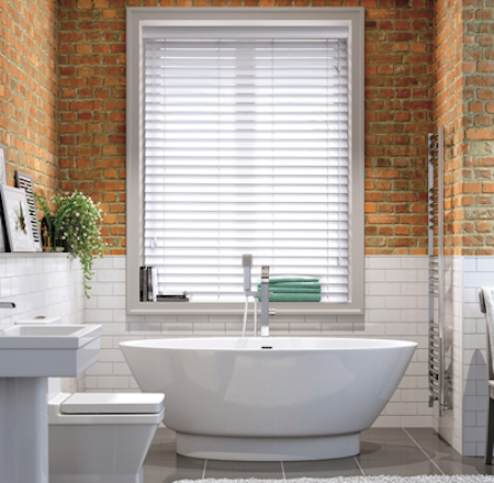 wooden blinds in a bathroom environment