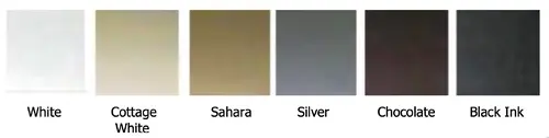 Light guard colour samples for honeycomb blinds showing Black Ink, Silver, Sahara, White, Cottage White and Chocolate options.