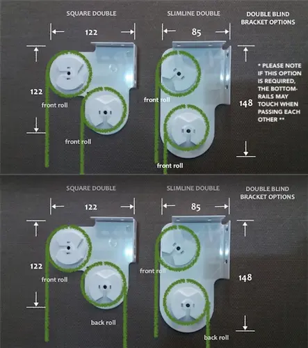 Dual roller blind bracket options showing Slimline Double and Square Double brackets for blockout and sunscreen roller blinds.