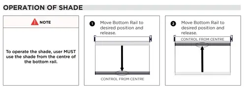 Easy Spring Air blockout blind operation diagram showing the blind being raised and lowered from the centre of the bottom rail